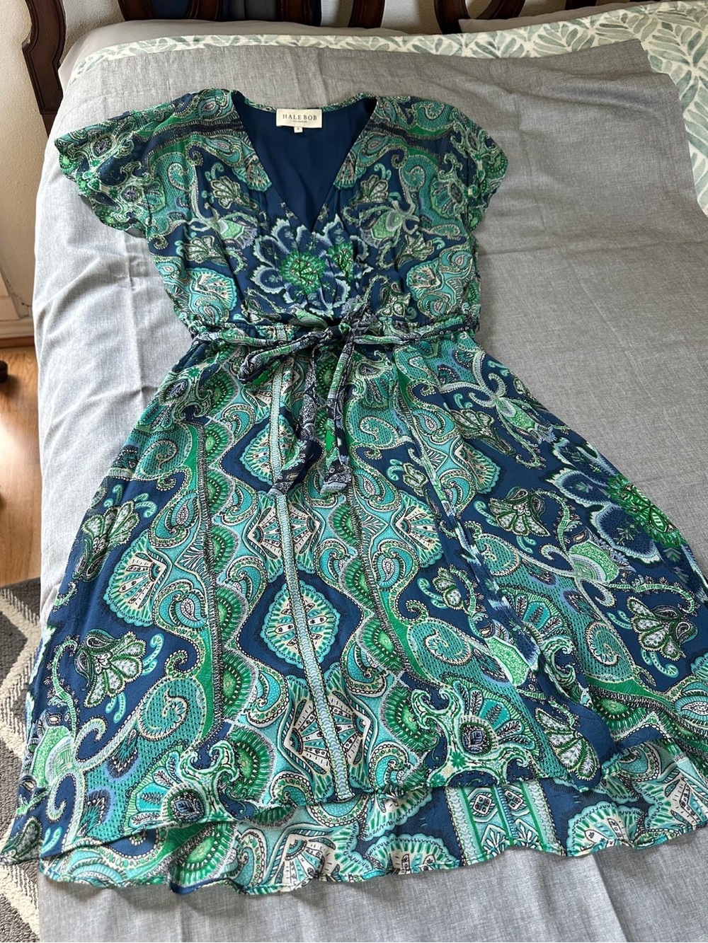 Hale Bob Sz S Navy and Teal Paisley V-Neck Dress - Picture 2 of 4
